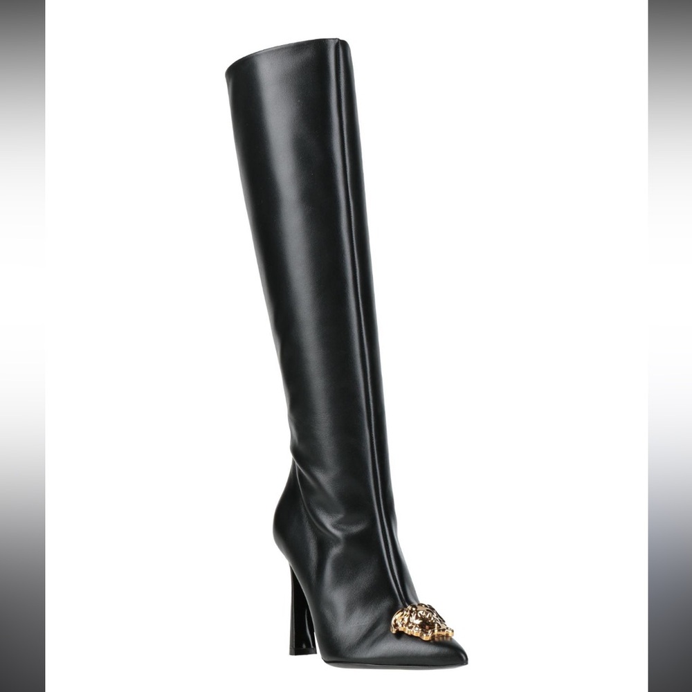 Versace Knee High Black Leather Boots with Gold Medusa Face